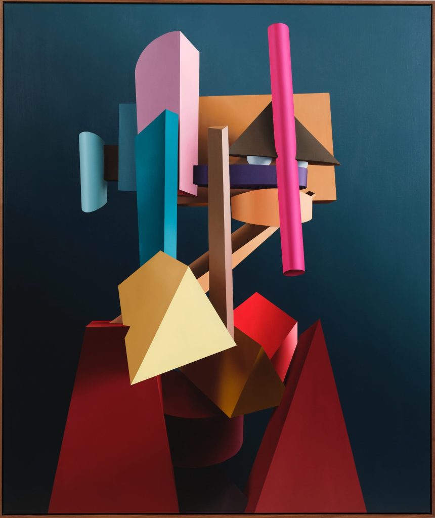 an abstract portrait of a figure painted with chunky, colorful shapes