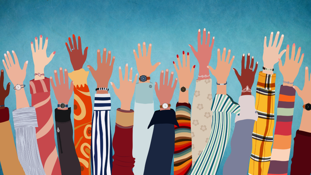 Illustration of numerous raised hands